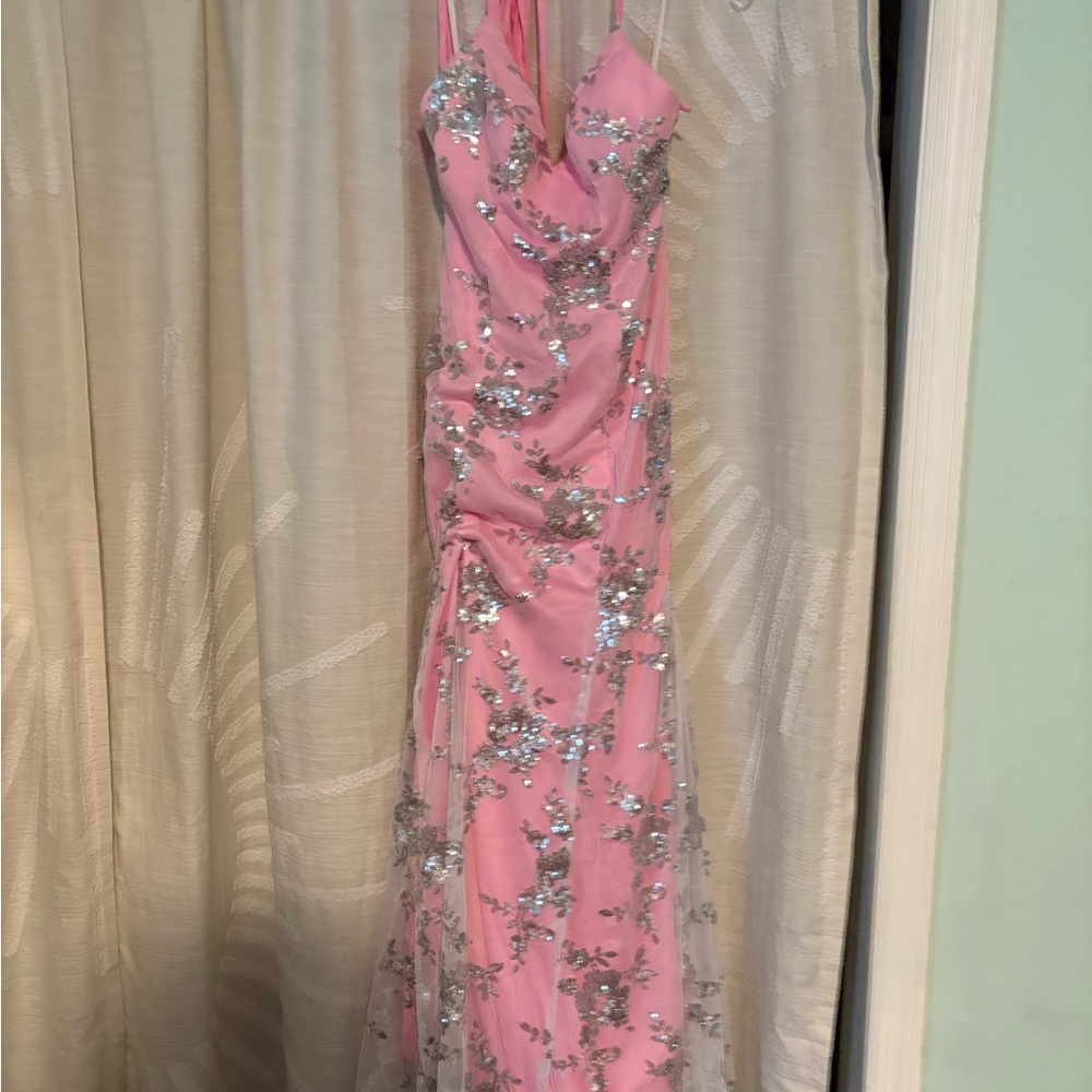 Amazon Pink and White Halter Prom Gown